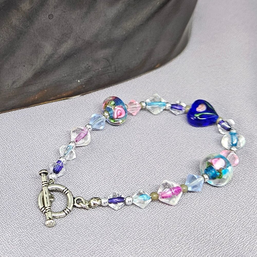 Heart Bracelet w/ Lampwork Beads, Crystals, and a Silvertone Toggle Clasp, 6.5"